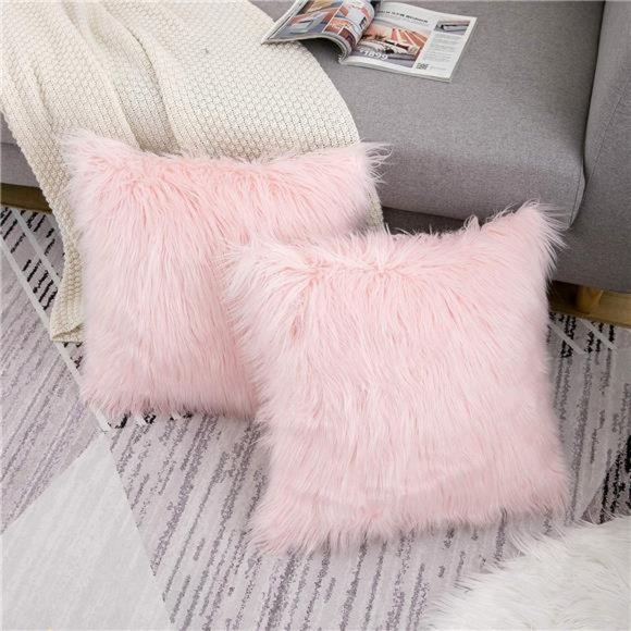 Set of 2 Pink Fluffy Pillow Covers New Luxury Series Merino Style Blush Faux Fur - Picture 3 of 6